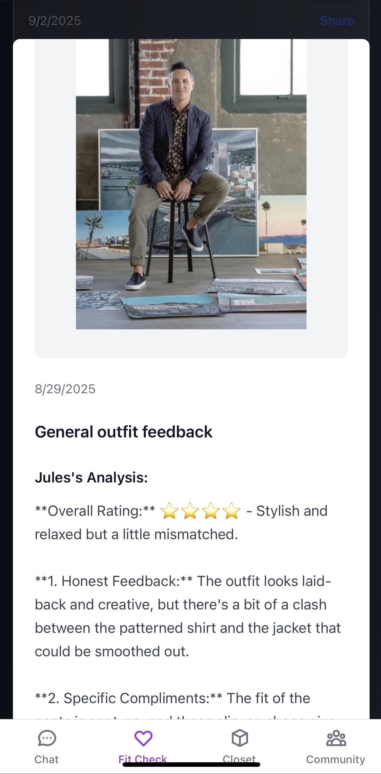 Jules giving feedback on an outfit